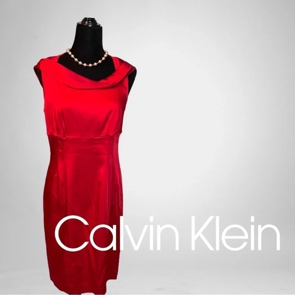 CALVIN KLEIN Cowl Neck Sophisticated And Sexy Satin Red CocktailDress NWT Sz 8 - Picture 2 of 9